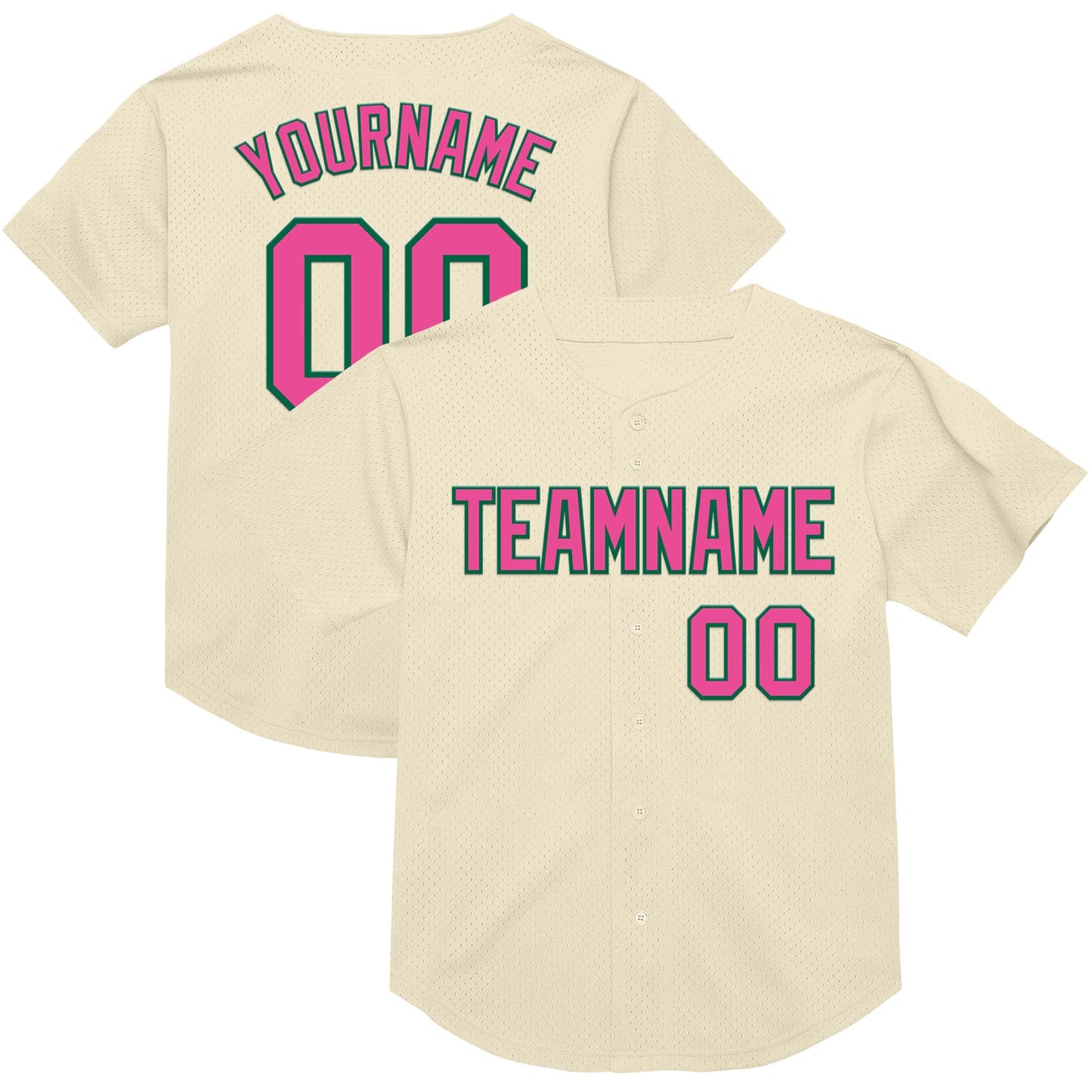 Custom Cream Pink-Kelly Green Mesh Authentic Throwback Baseball Jersey - Main View
