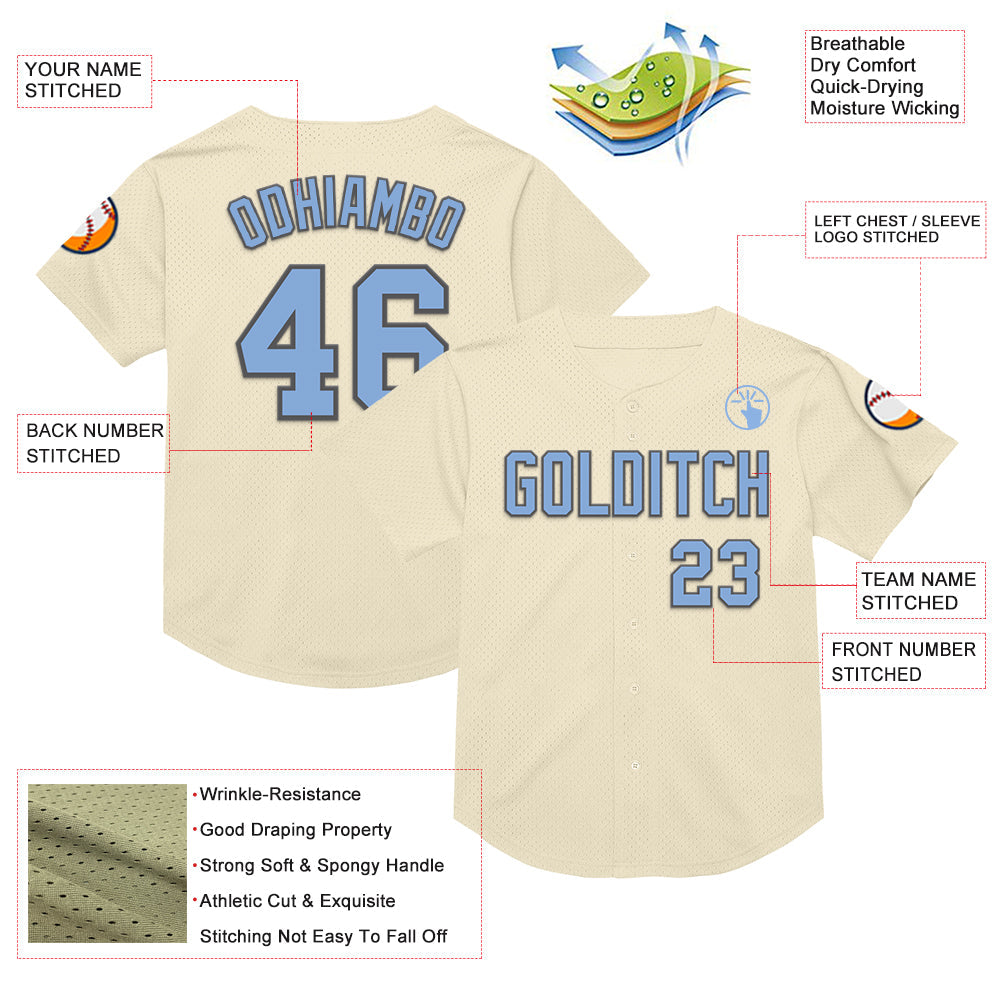 Custom Cream Light Blue-Steel Gray Mesh Authentic Throwback Baseball Jersey view 3