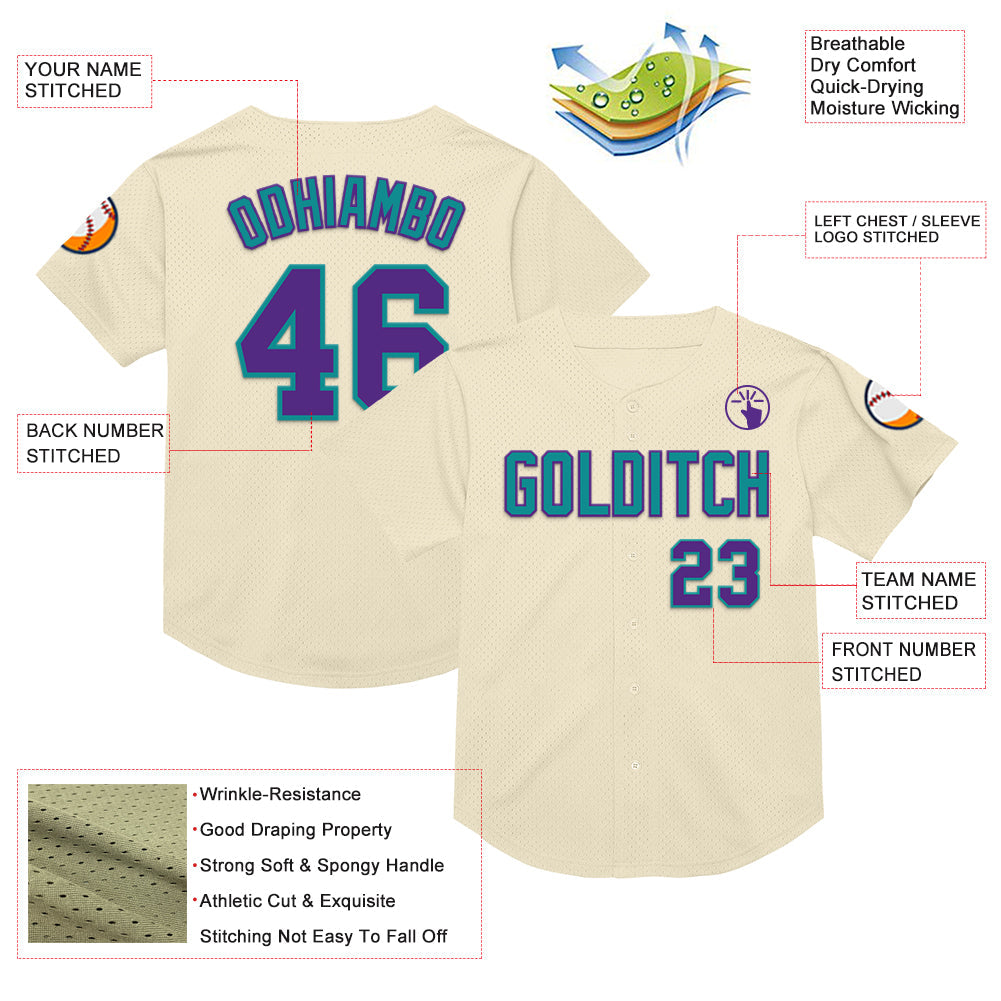Custom Cream Purple-Teal Mesh Authentic Throwback Baseball Jersey view 3
