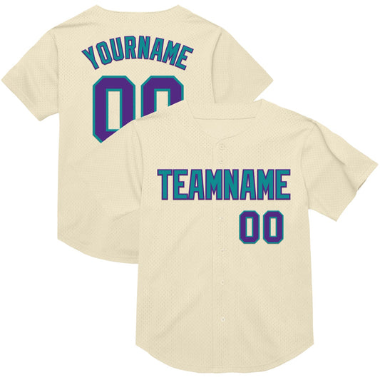 Custom Cream Purple-Teal Mesh Authentic Throwback Baseball Jersey - Main View