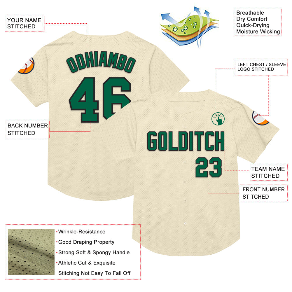 Custom Cream Kelly Green-Black Mesh Authentic Throwback Baseball Jersey view 3