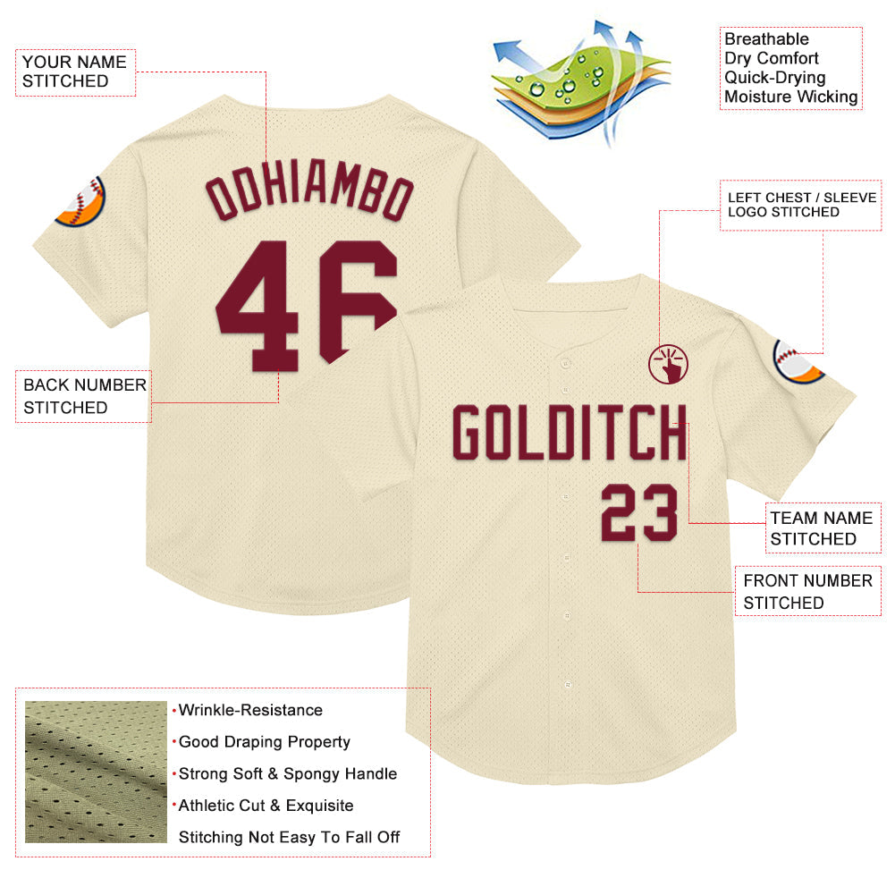 Custom Cream Crimson Mesh Authentic Throwback Baseball Jersey view 3