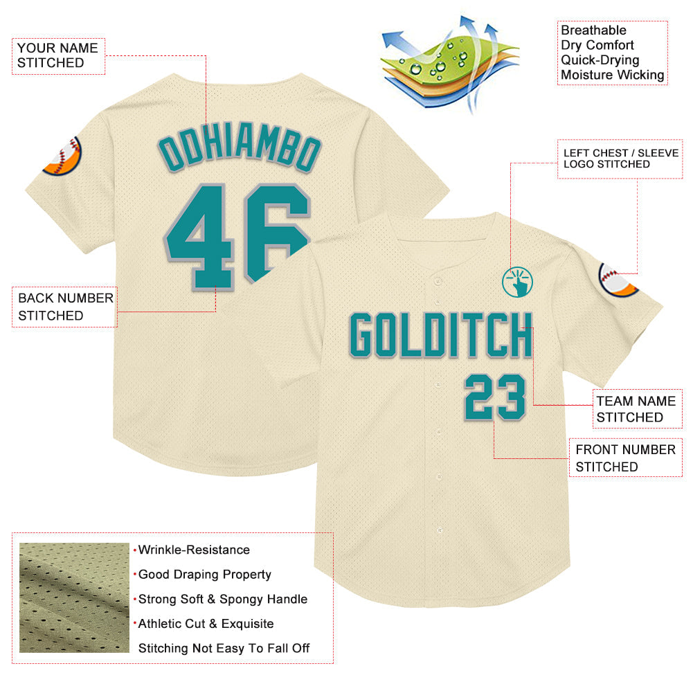 Custom Cream Teal-Gray Mesh Authentic Throwback Baseball Jersey view 3