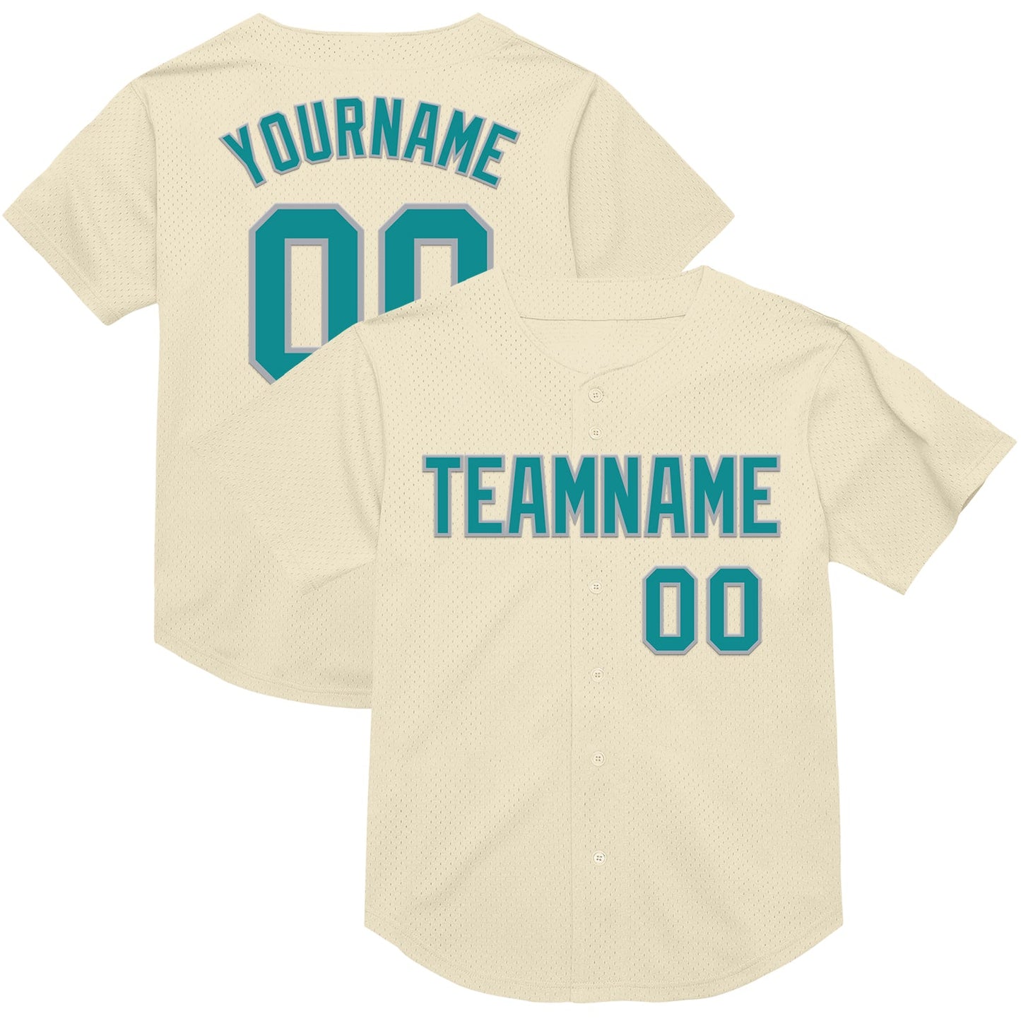 Custom Cream Teal-Gray Mesh Authentic Throwback Baseball Jersey - Main View