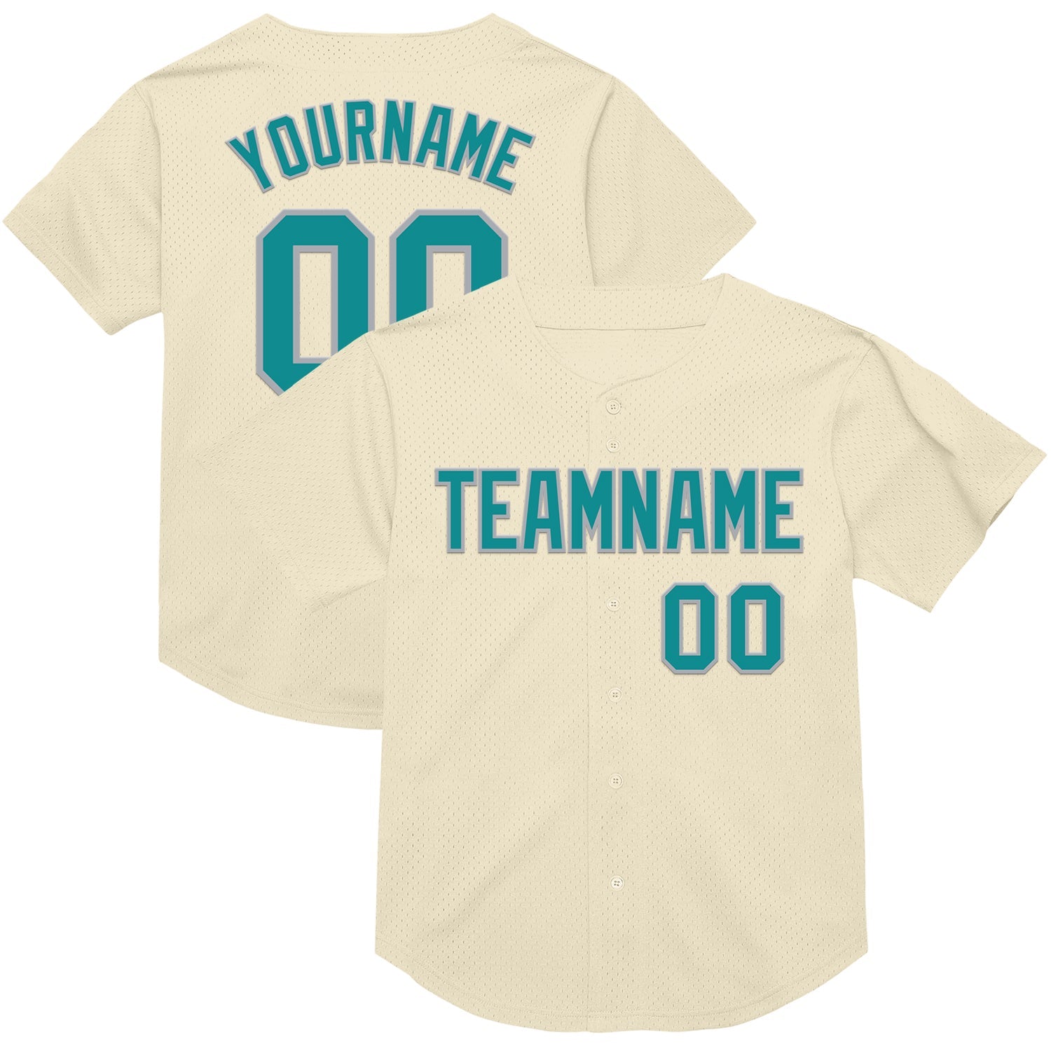 Custom Cream Teal-Gray Mesh Authentic Throwback Baseball Jersey - Main View