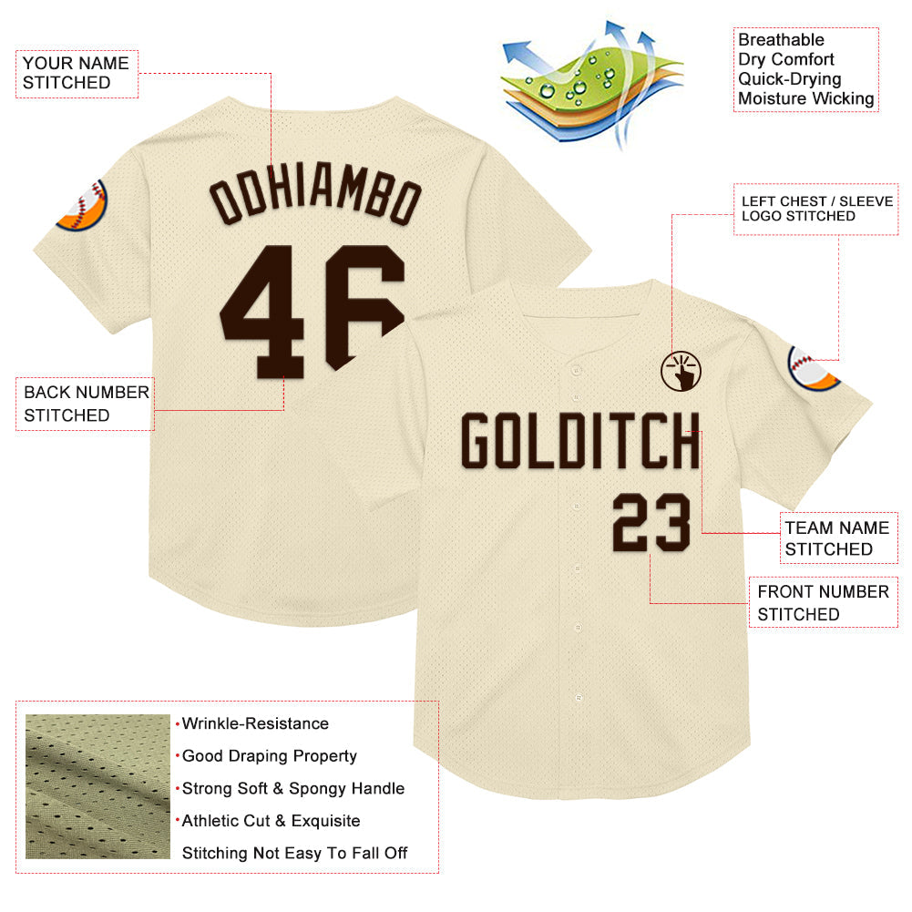 Custom Cream Brown Mesh Authentic Throwback Baseball Jersey view 3