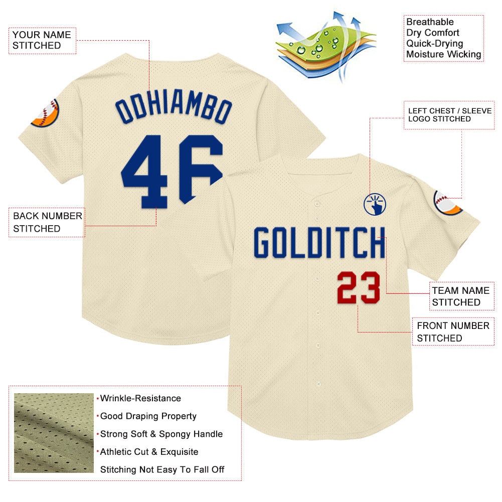 Custom Cream Royal-Red Mesh Authentic Throwback Baseball Jersey view 3