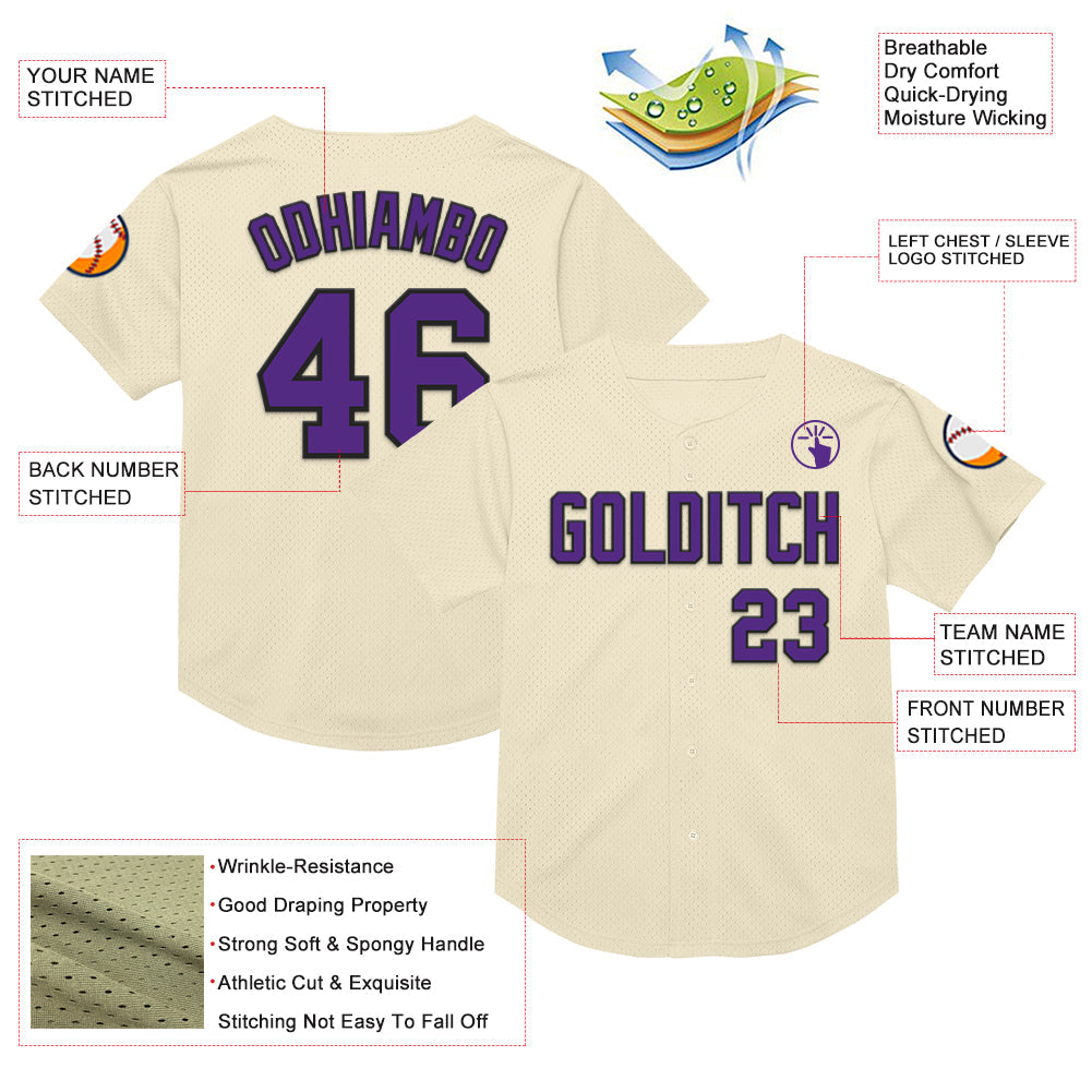 Custom Cream Purple-Black Mesh Authentic Throwback Baseball Jersey view 3