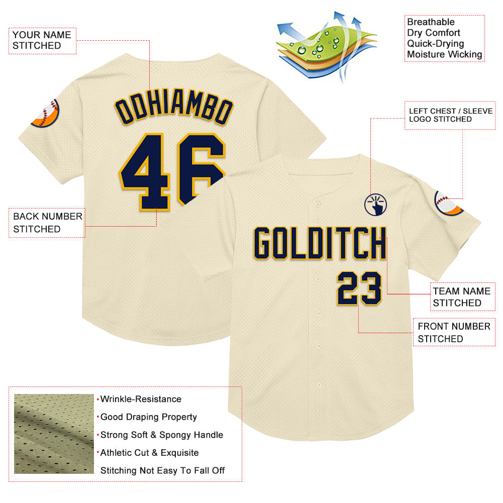 Custom Cream Navy-Gold Mesh Authentic Throwback Baseball Jersey view 3