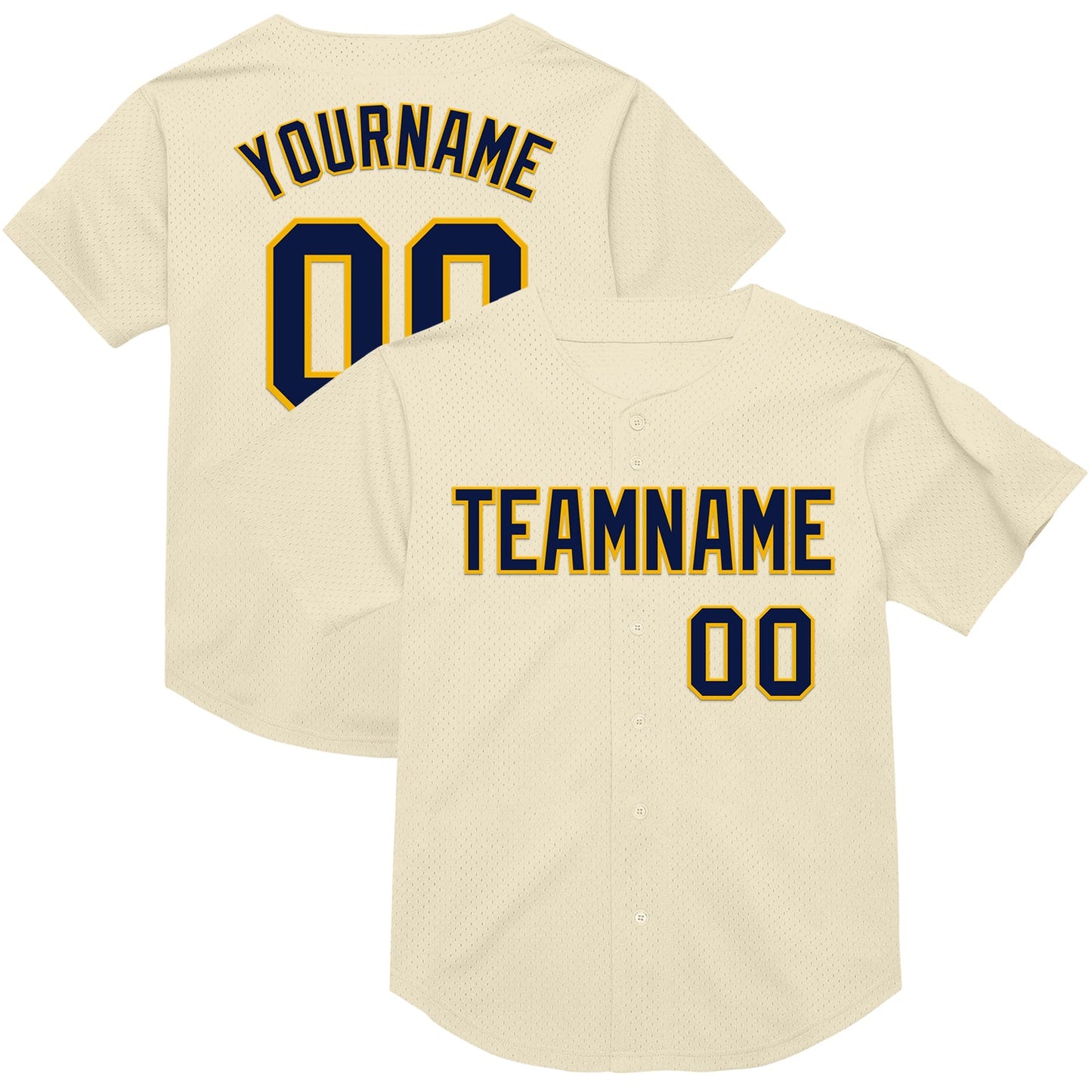 Custom Cream Navy-Gold Mesh Authentic Throwback Baseball Jersey - Main View