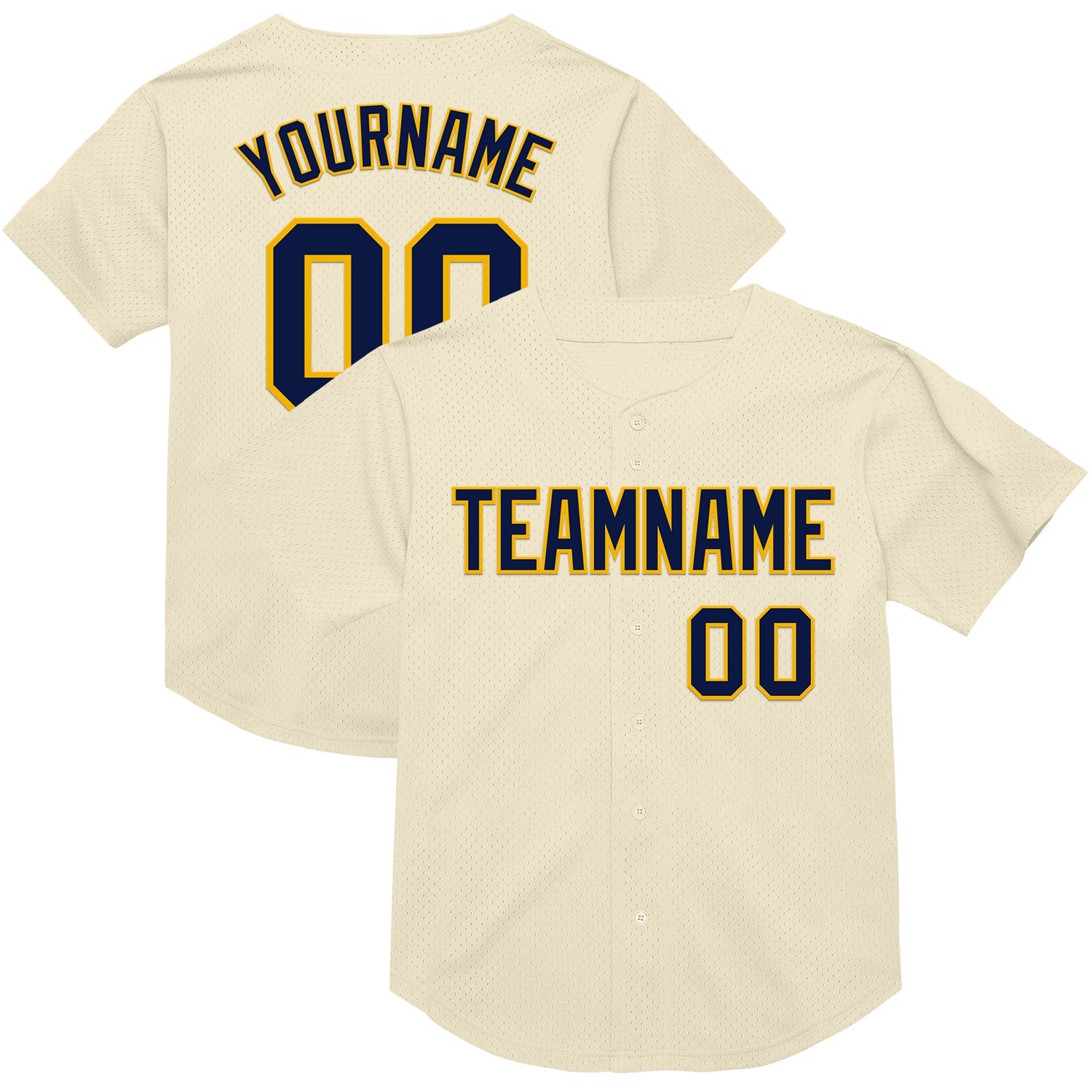 Custom Cream Navy-Gold Mesh Authentic Throwback Baseball Jersey - Main View