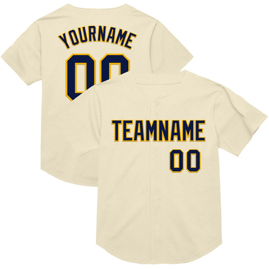 Custom Cream Navy-Gold Mesh Authentic Throwback Baseball Jersey - Main View