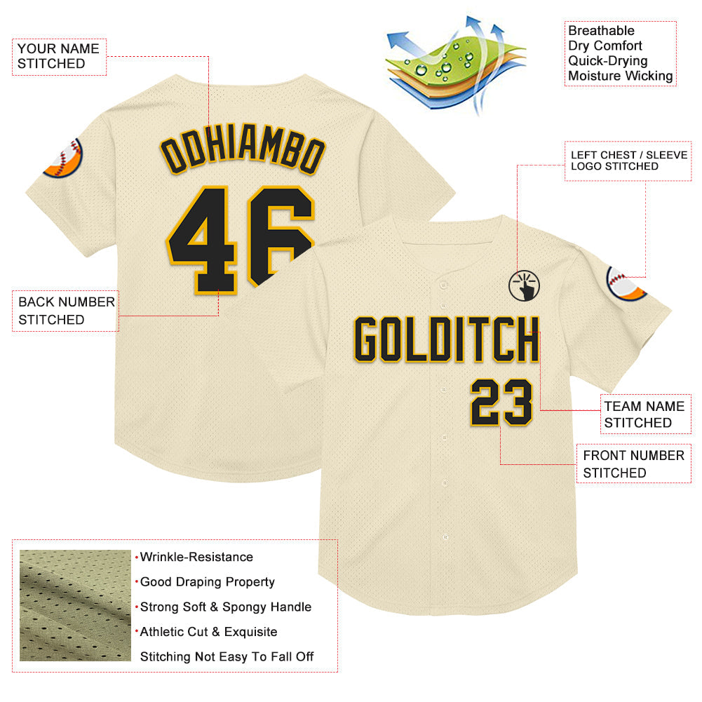 Custom Cream Black-Gold Mesh Authentic Throwback Baseball Jersey view 3