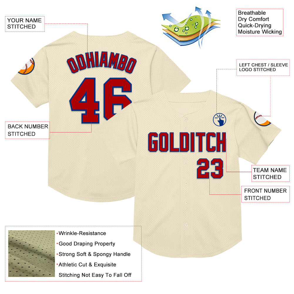 Custom Cream Red-Royal Mesh Authentic Throwback Baseball Jersey view 3