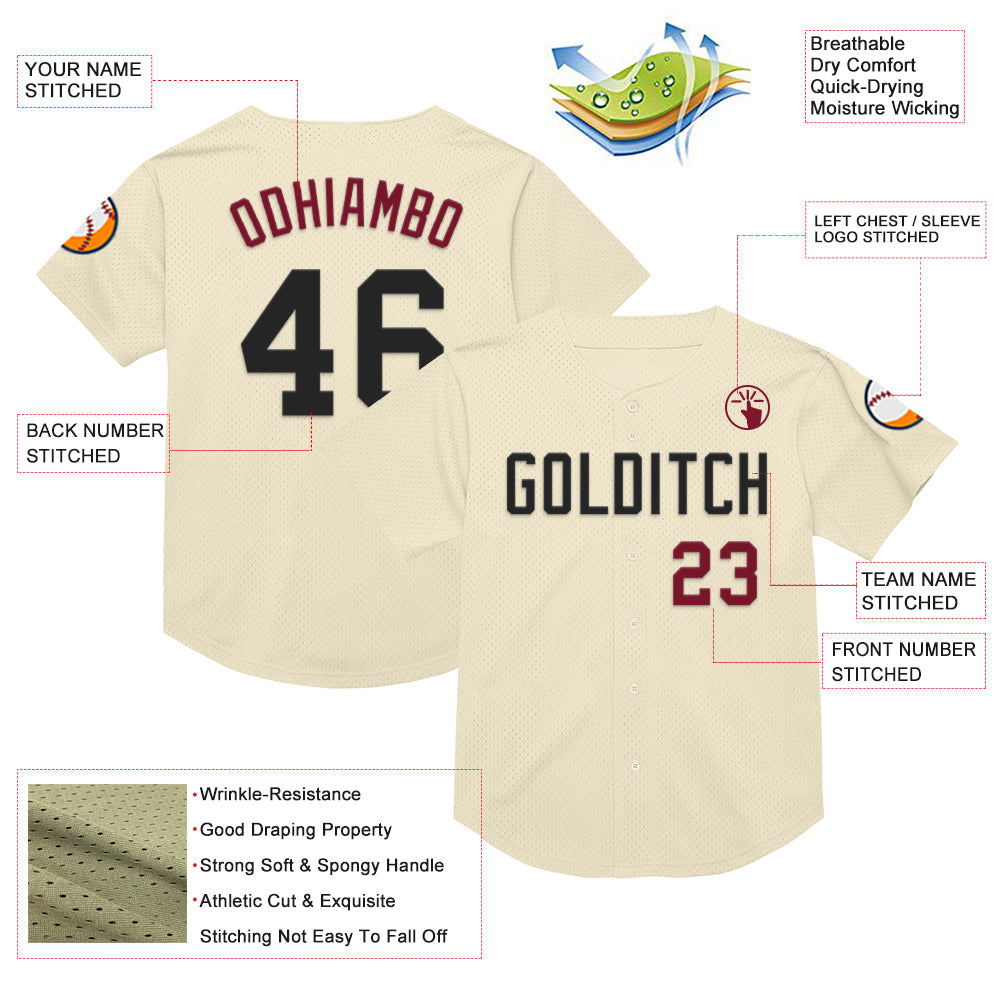 Custom Cream Black-Crimson Mesh Authentic Throwback Baseball Jersey view 3