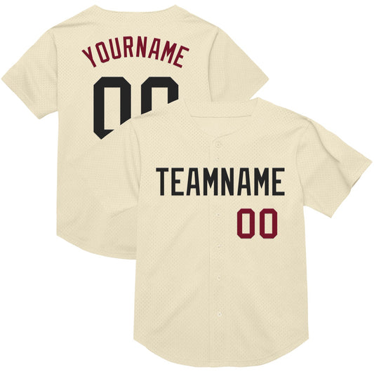 Custom Cream Black-Crimson Mesh Authentic Throwback Baseball Jersey - Main View