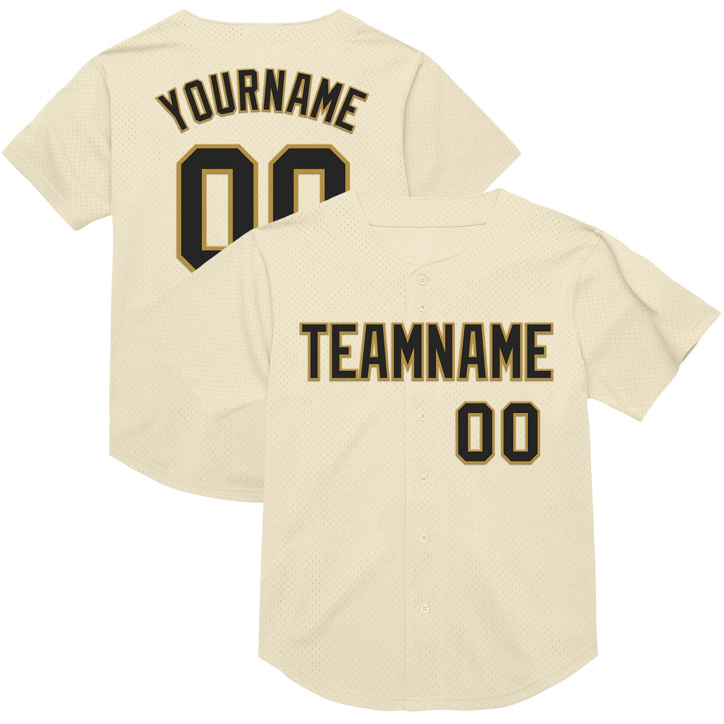 Custom Cream Black-Old Gold Mesh Authentic Throwback Baseball Jersey - Main View