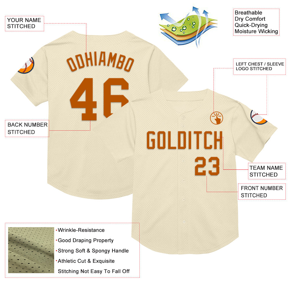 Custom Cream Texas Orange Mesh Authentic Throwback Baseball Jersey view 3