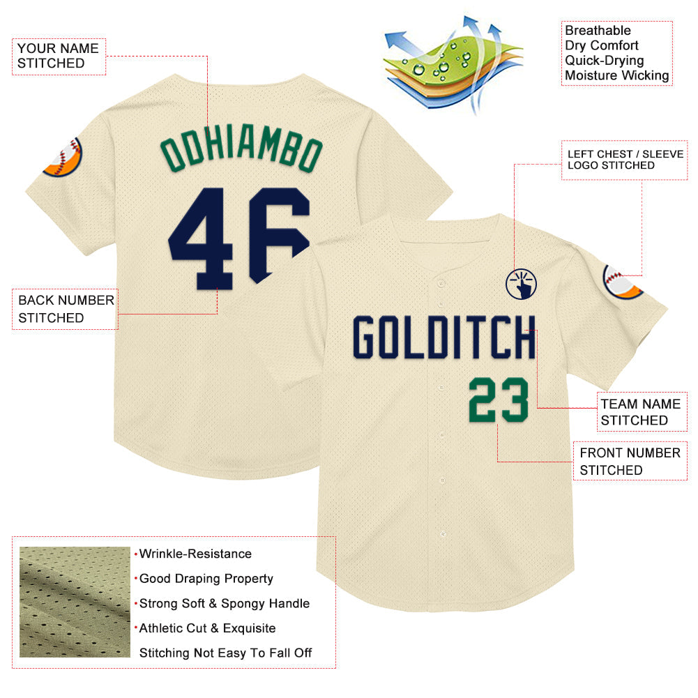 Custom Cream Navy-Kelly Green Mesh Authentic Throwback Baseball Jersey view 3