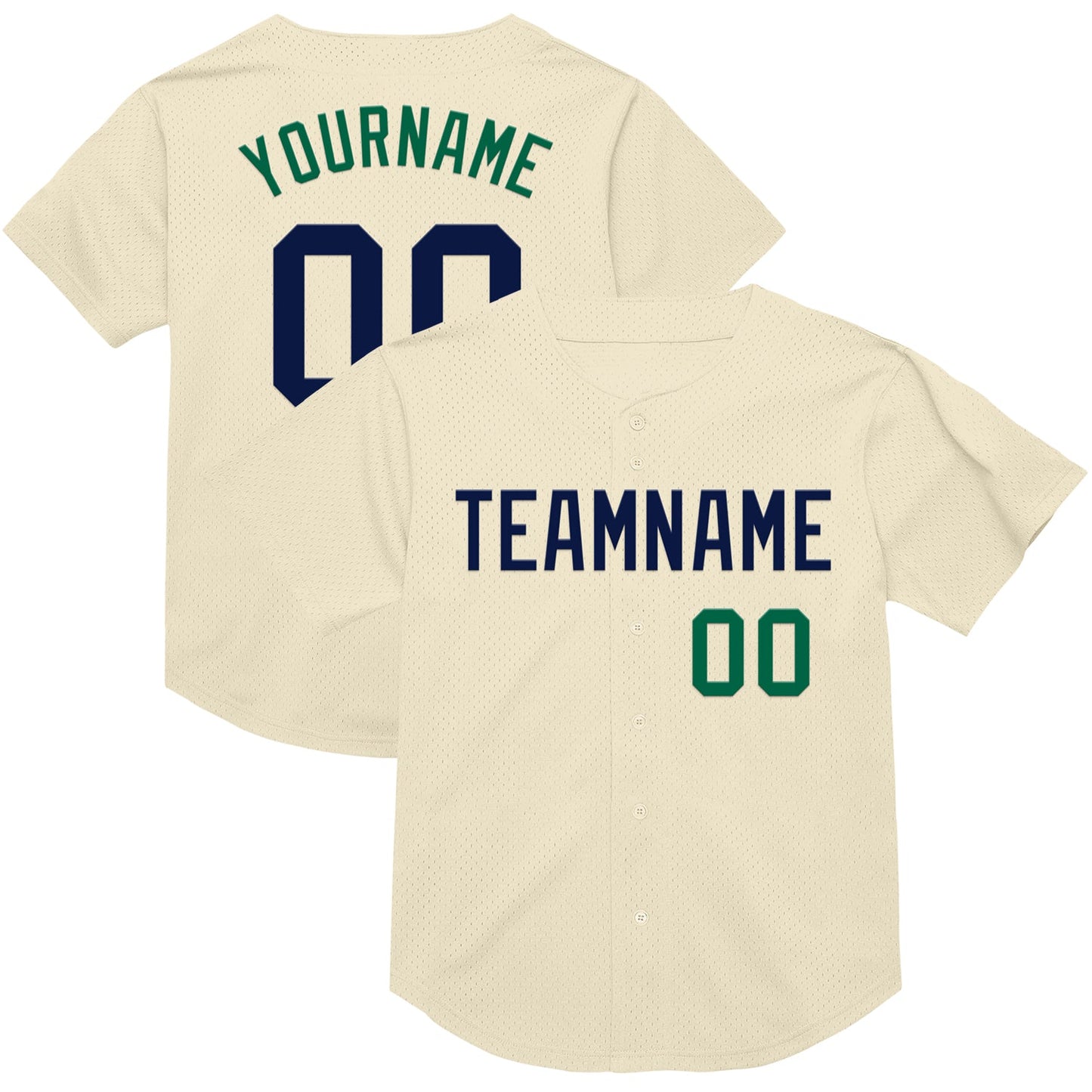 Custom Cream Navy-Kelly Green Mesh Authentic Throwback Baseball Jersey - Main View