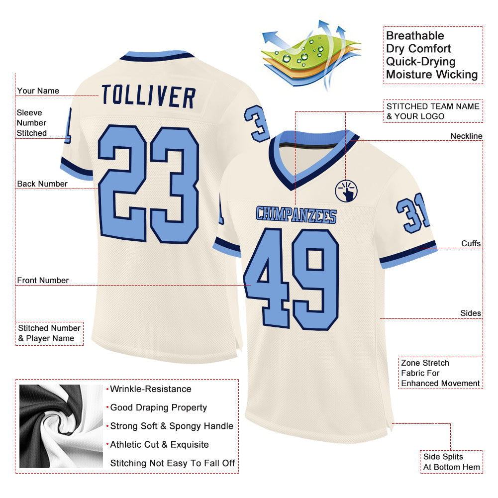Custom Cream Light Blue-Navy Mesh Authentic Throwback Football Jersey view 2