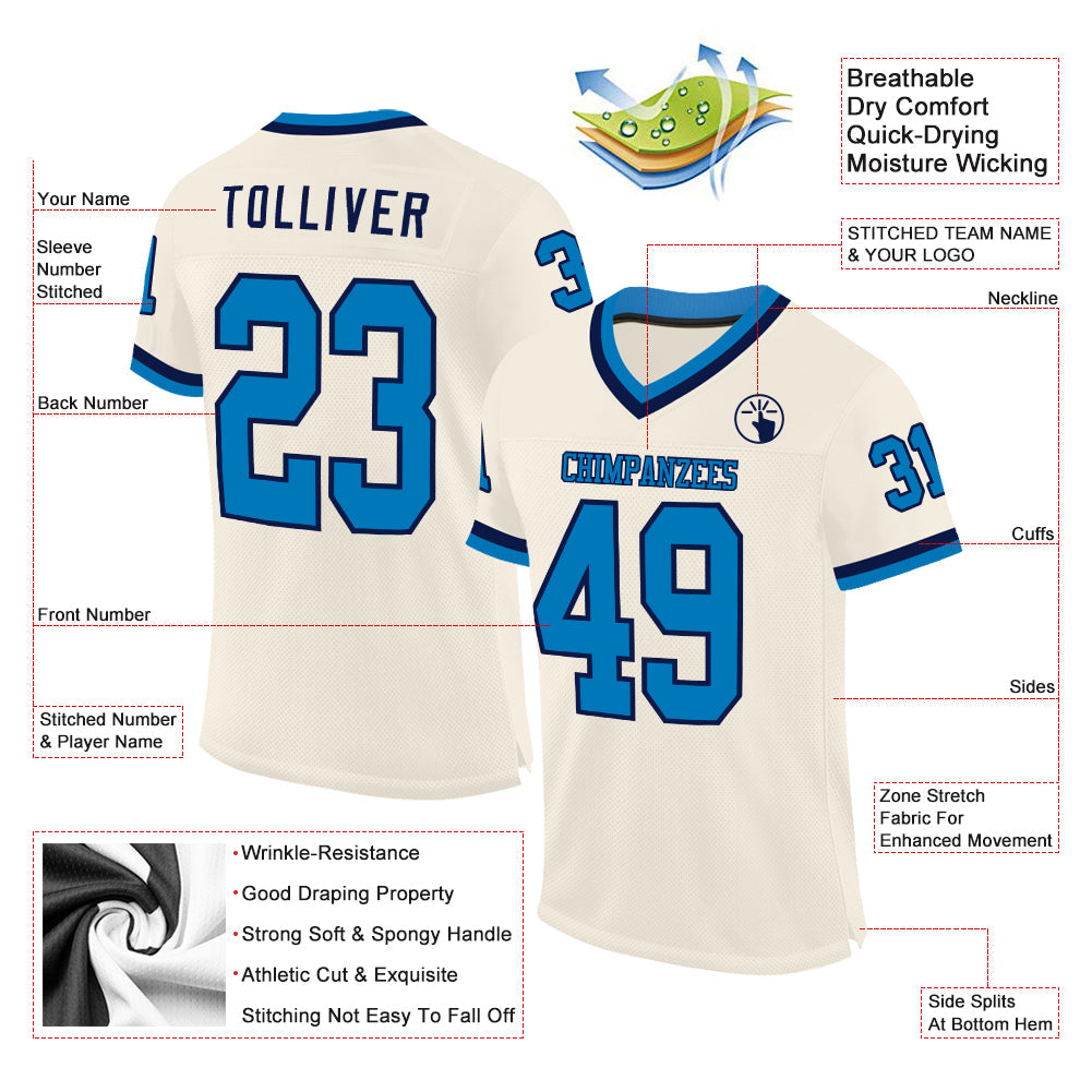 Custom Cream Blue-Navy Mesh Authentic Throwback Football Jersey view 2