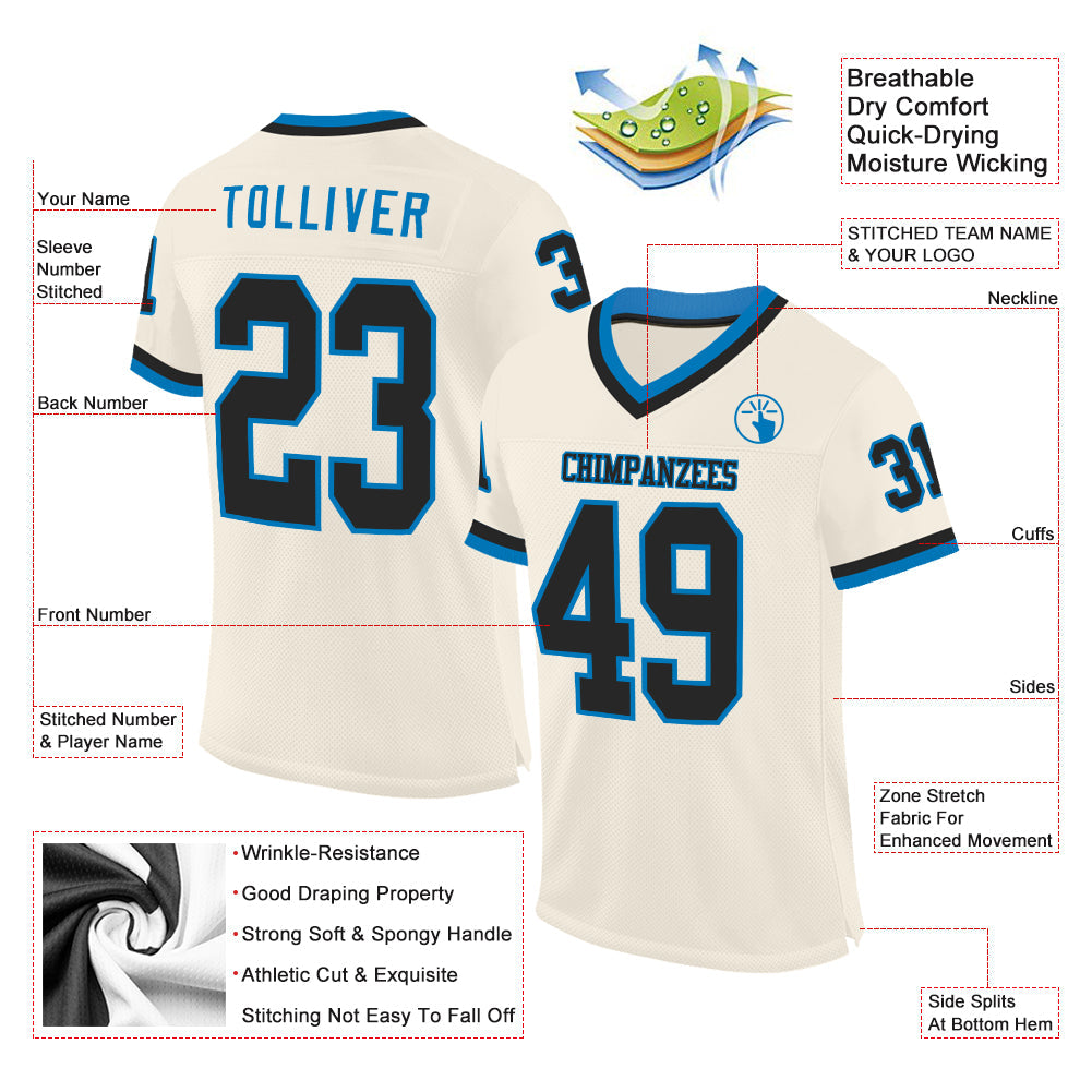 Custom Cream Black-Blue Mesh Authentic Throwback Football Jersey view 2