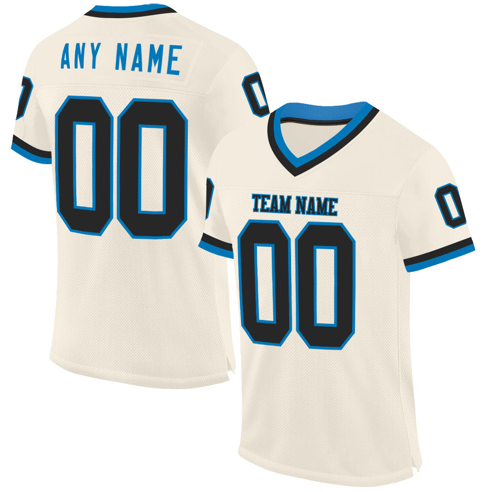 Custom Cream Black-Blue Mesh Authentic Throwback Football Jersey - Main View