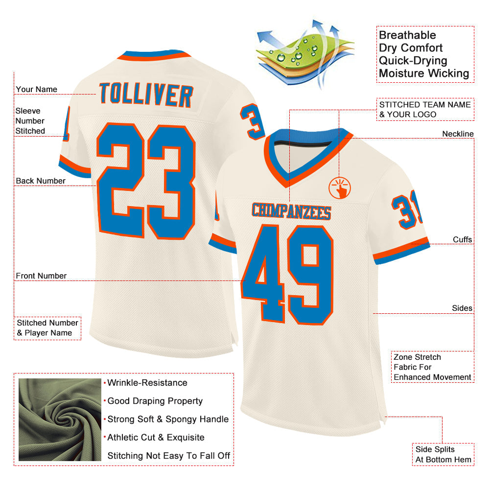 Custom Cream Blue-Orange Mesh Authentic Throwback Football Jersey view 2