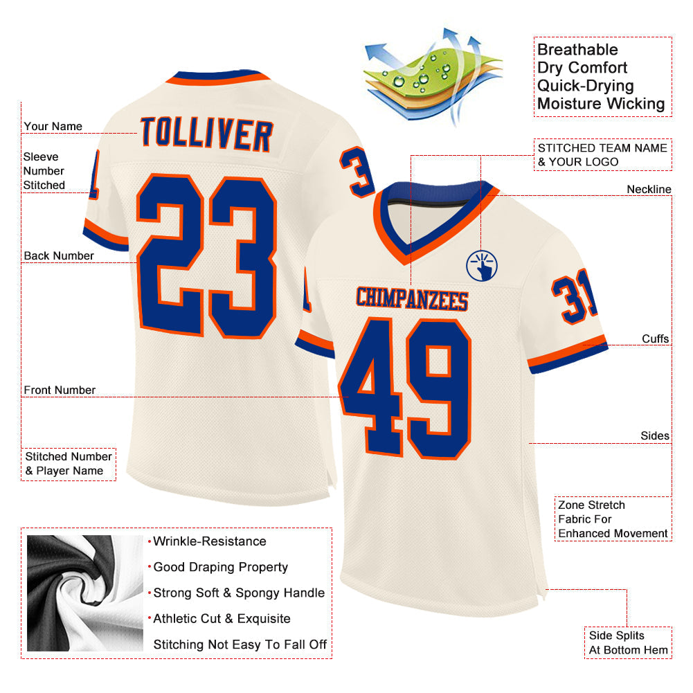 Custom Cream Royal-Orange Mesh Authentic Throwback Football Jersey view 2