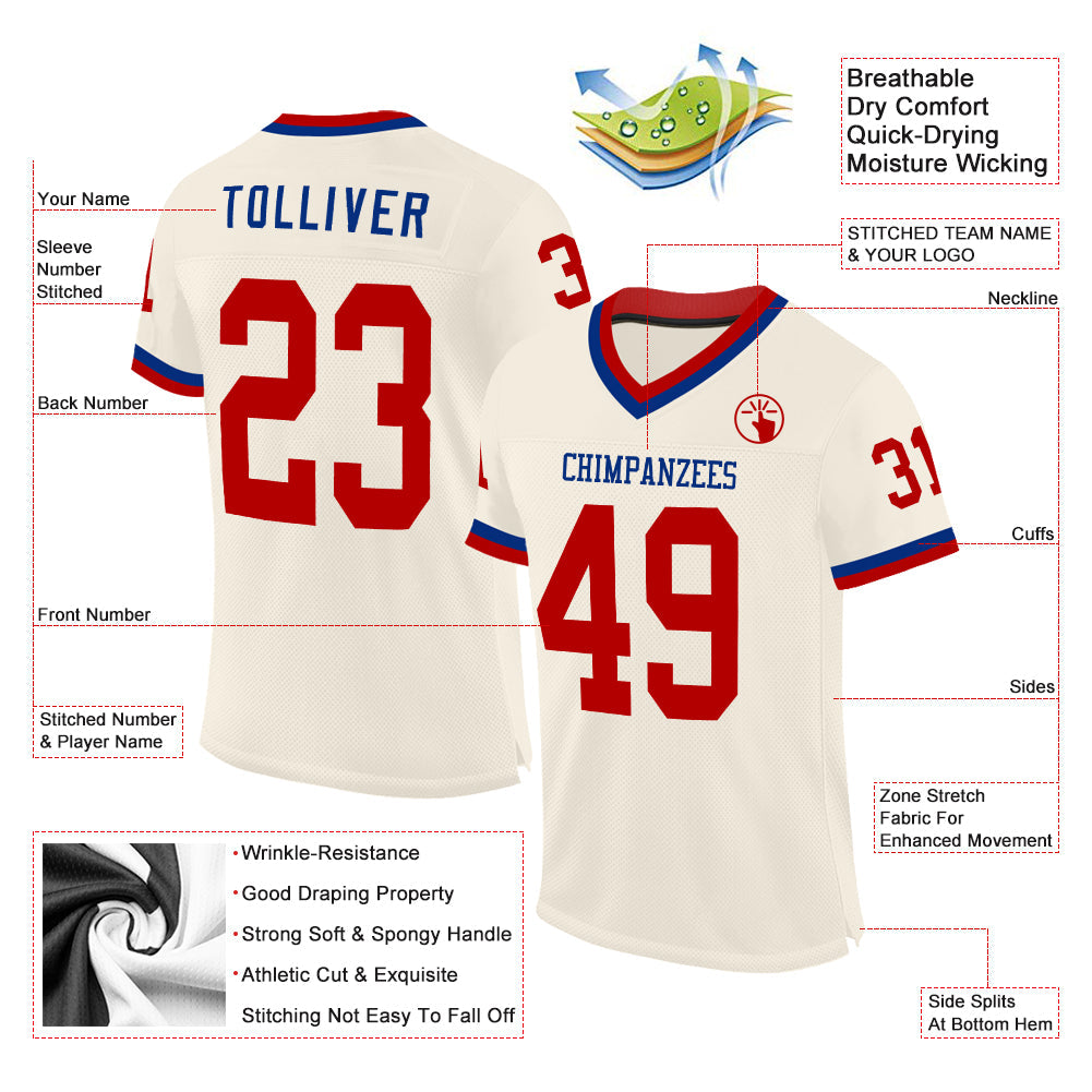 Custom Cream Red-Royal Mesh Authentic Throwback Football Jersey view 2