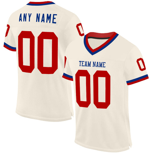 Custom Cream Red-Royal Mesh Authentic Throwback Football Jersey - Main View