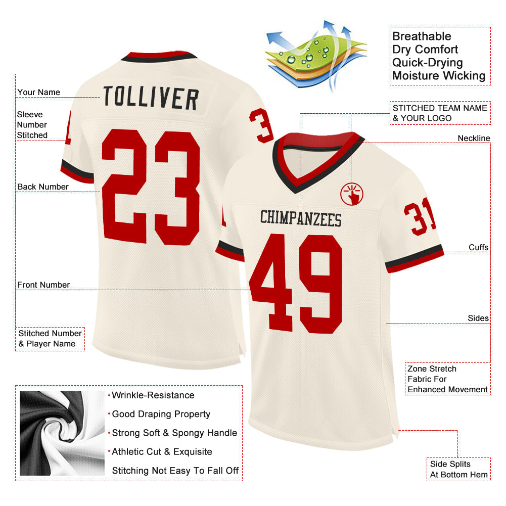 Custom Cream Red-Black Mesh Authentic Throwback Football Jersey view 2