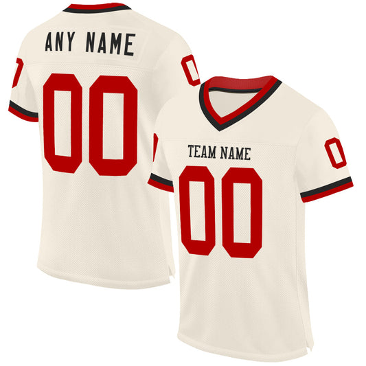 Custom Cream Red-Black Mesh Authentic Throwback Football Jersey - Main View