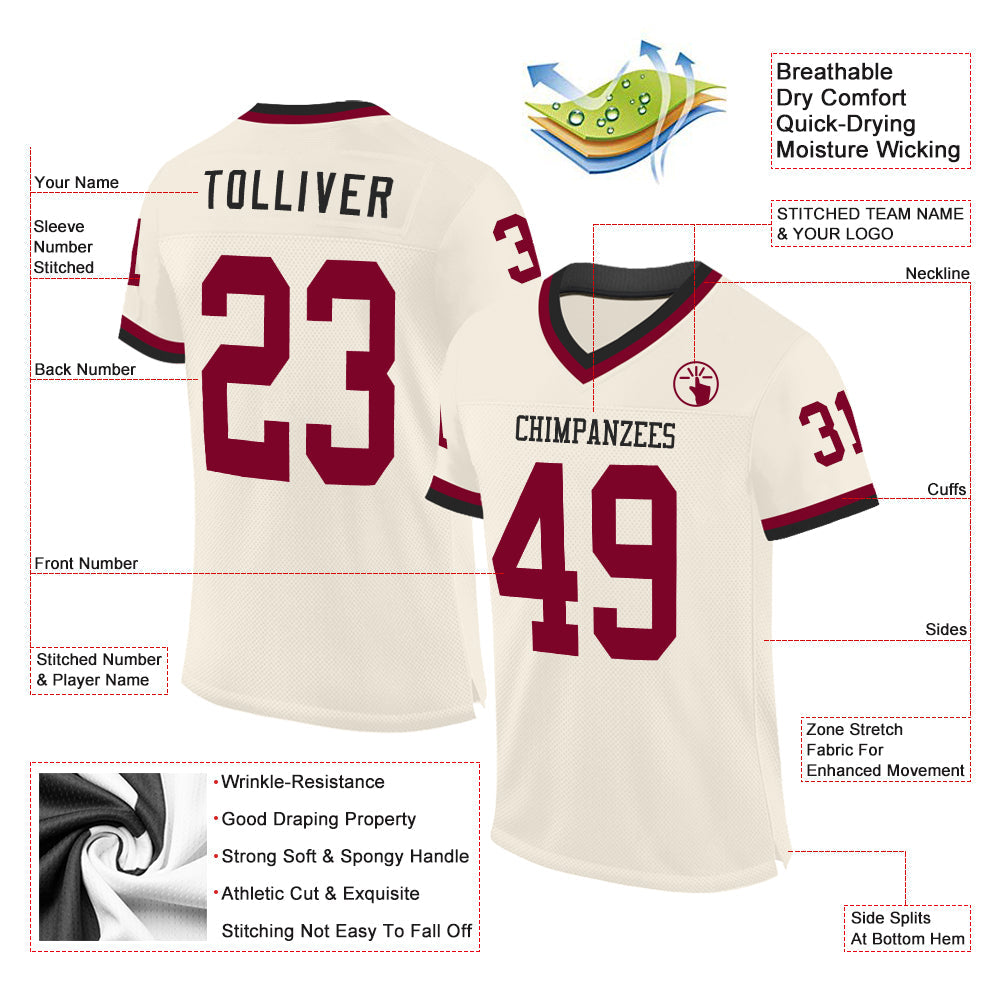 Custom Cream Maroon-Black Mesh Authentic Throwback Football Jersey view 2