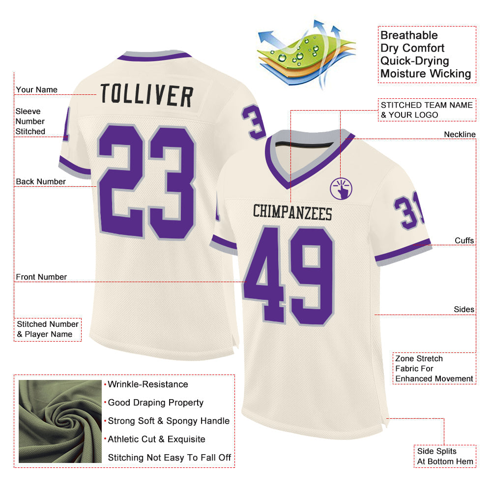 Custom Cream Purple-Gray Mesh Authentic Throwback Football Jersey view 2
