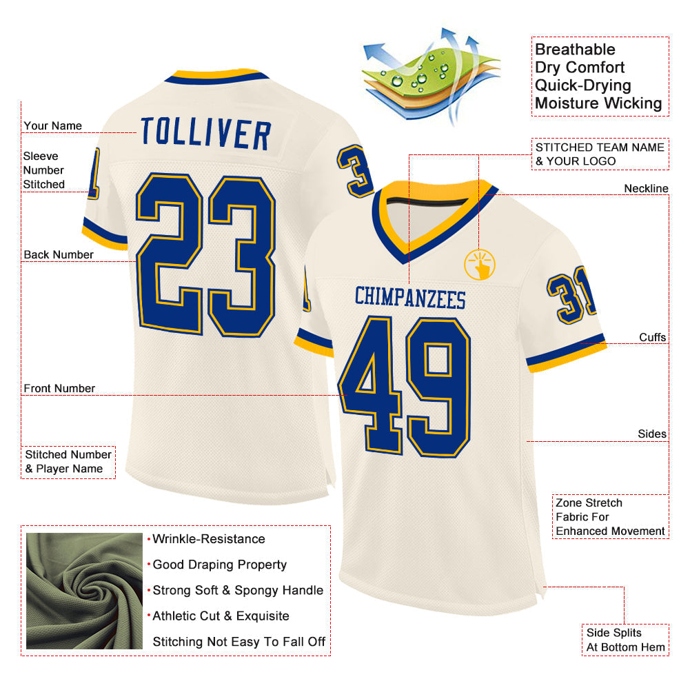 Custom Cream Royal-Gold Mesh Authentic Throwback Football Jersey view 2