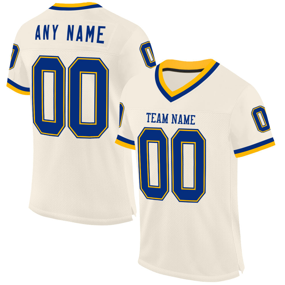 Custom Cream Royal-Gold Mesh Authentic Throwback Football Jersey - Main View