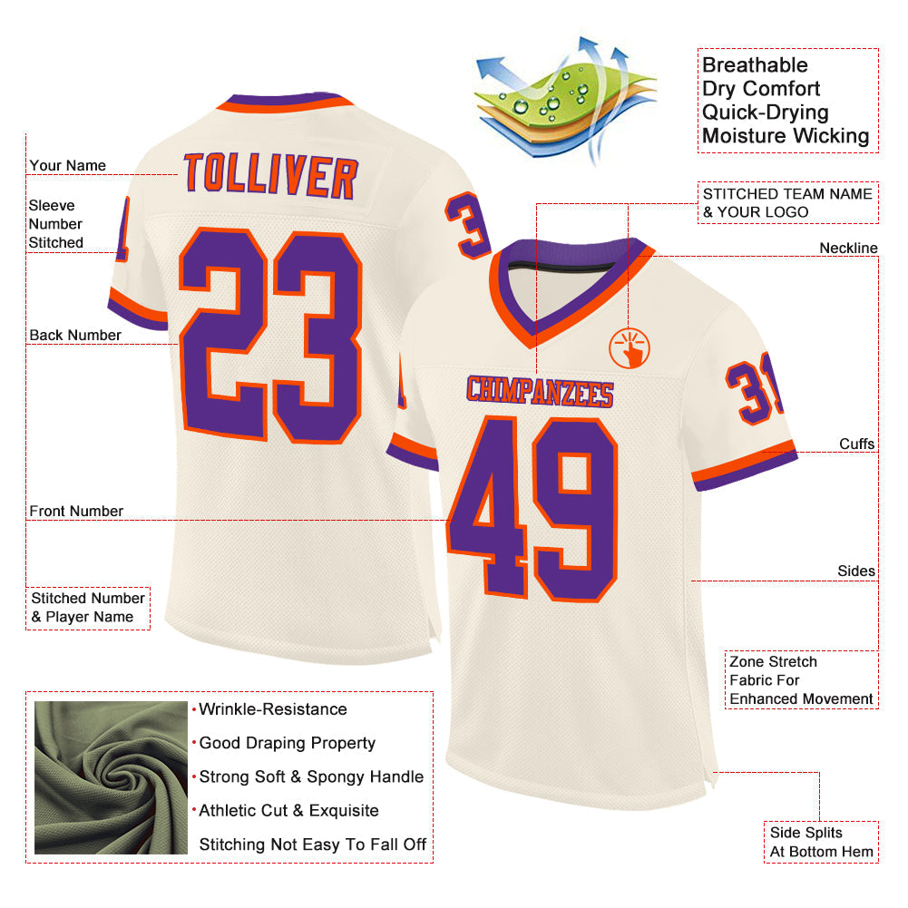 Custom Cream Purple-Orange Mesh Authentic Throwback Football Jersey view 2