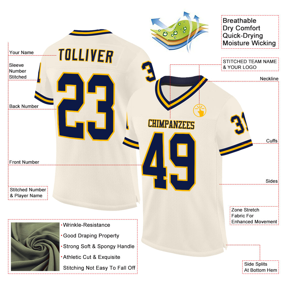 Custom Cream Navy-Gold Mesh Authentic Throwback Football Jersey view 2