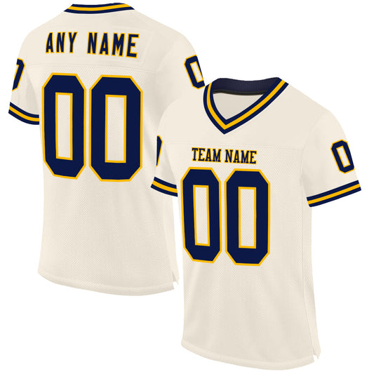 Custom Cream Navy-Gold Mesh Authentic Throwback Football Jersey - Main View