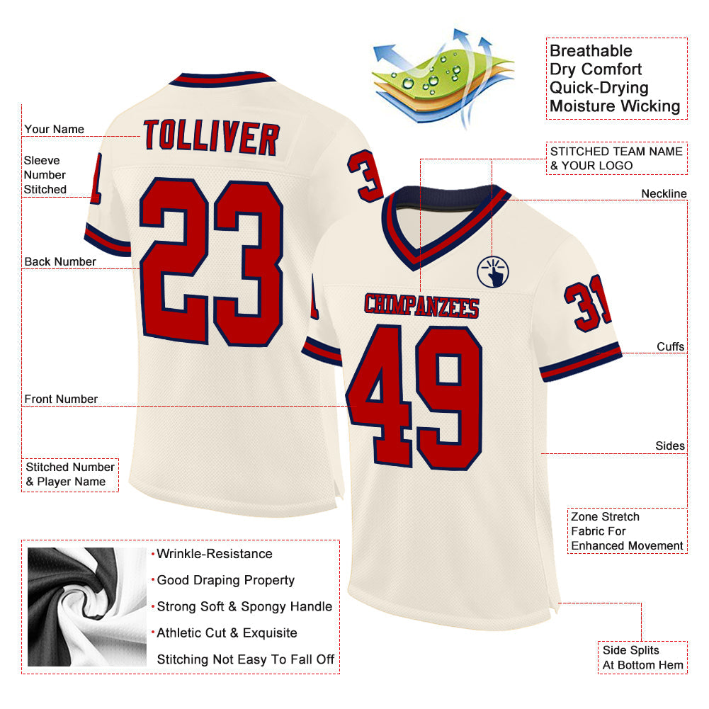 Custom Cream Red-Navy Mesh Authentic Throwback Football Jersey view 2