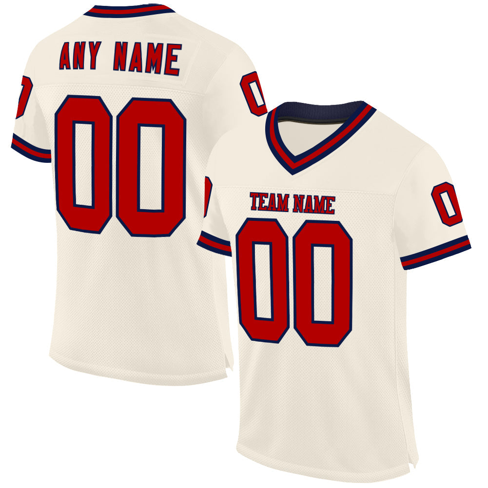Custom Cream Red-Navy Mesh Authentic Throwback Football Jersey - Main View