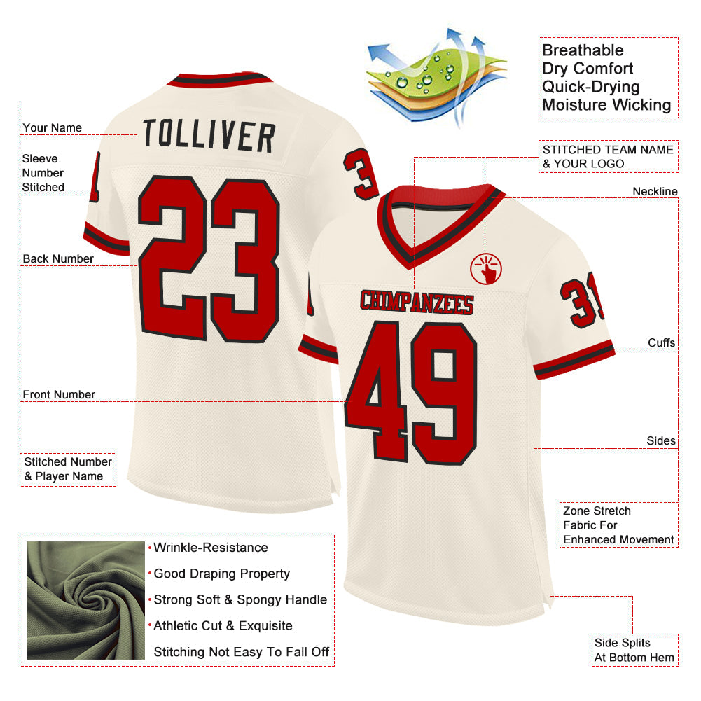 Custom Cream Red-Black Mesh Authentic Throwback Football Jersey view 2
