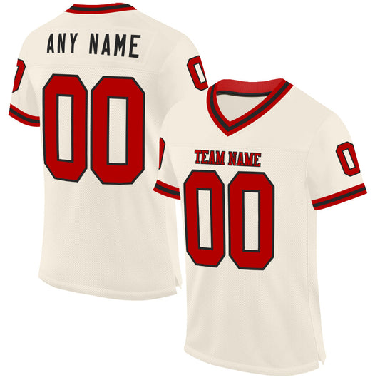 Custom Cream Red-Black Mesh Authentic Throwback Football Jersey - Main View