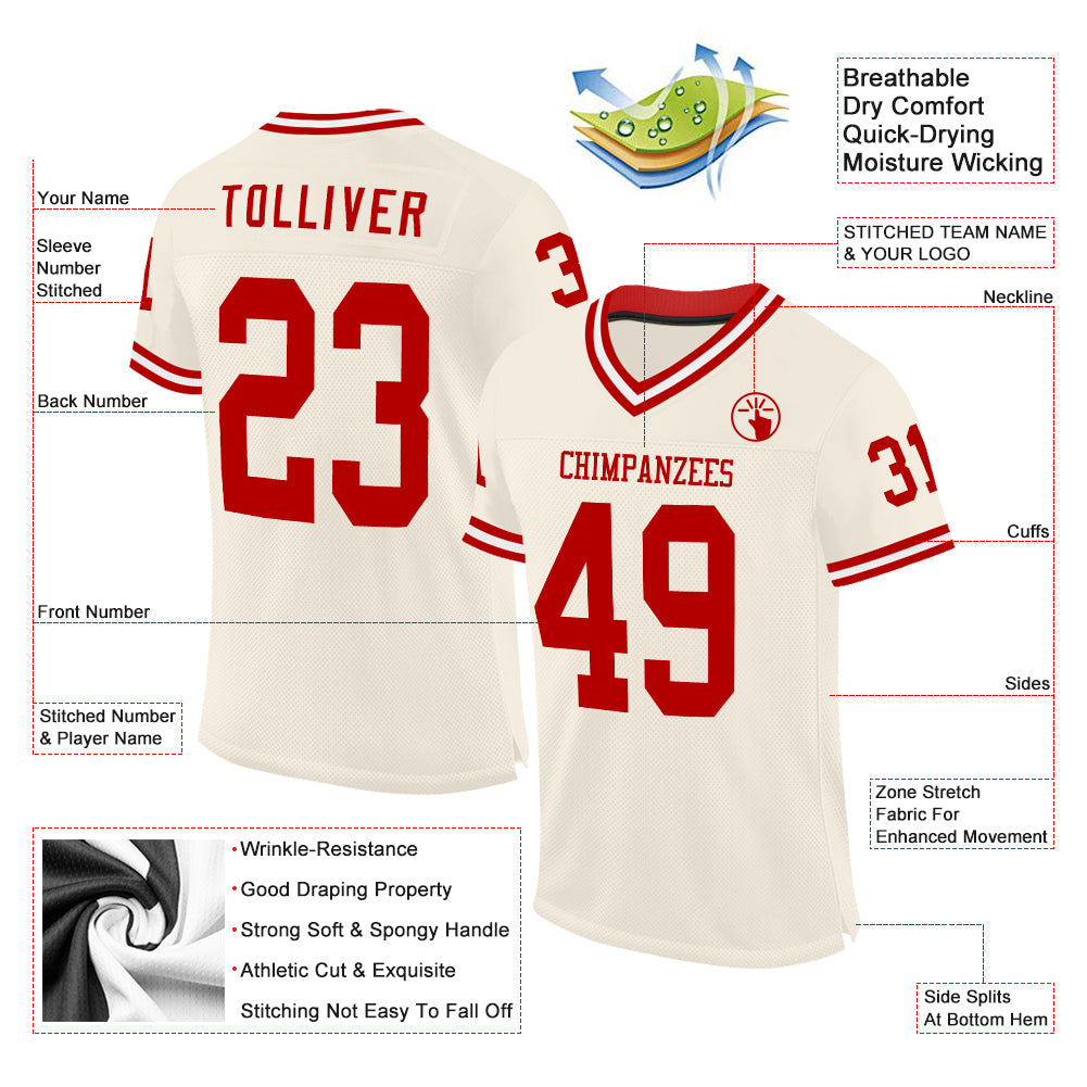 Custom Cream Red-White Mesh Authentic Throwback Football Jersey view 2