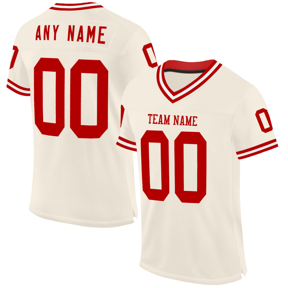 Custom Cream Red-White Mesh Authentic Throwback Football Jersey - Main View