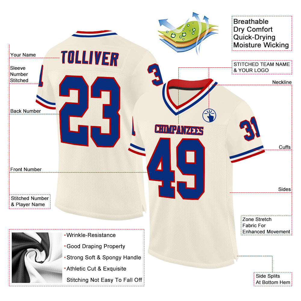 Custom Cream Royal Red-White Mesh Authentic Throwback Football Jersey view 2
