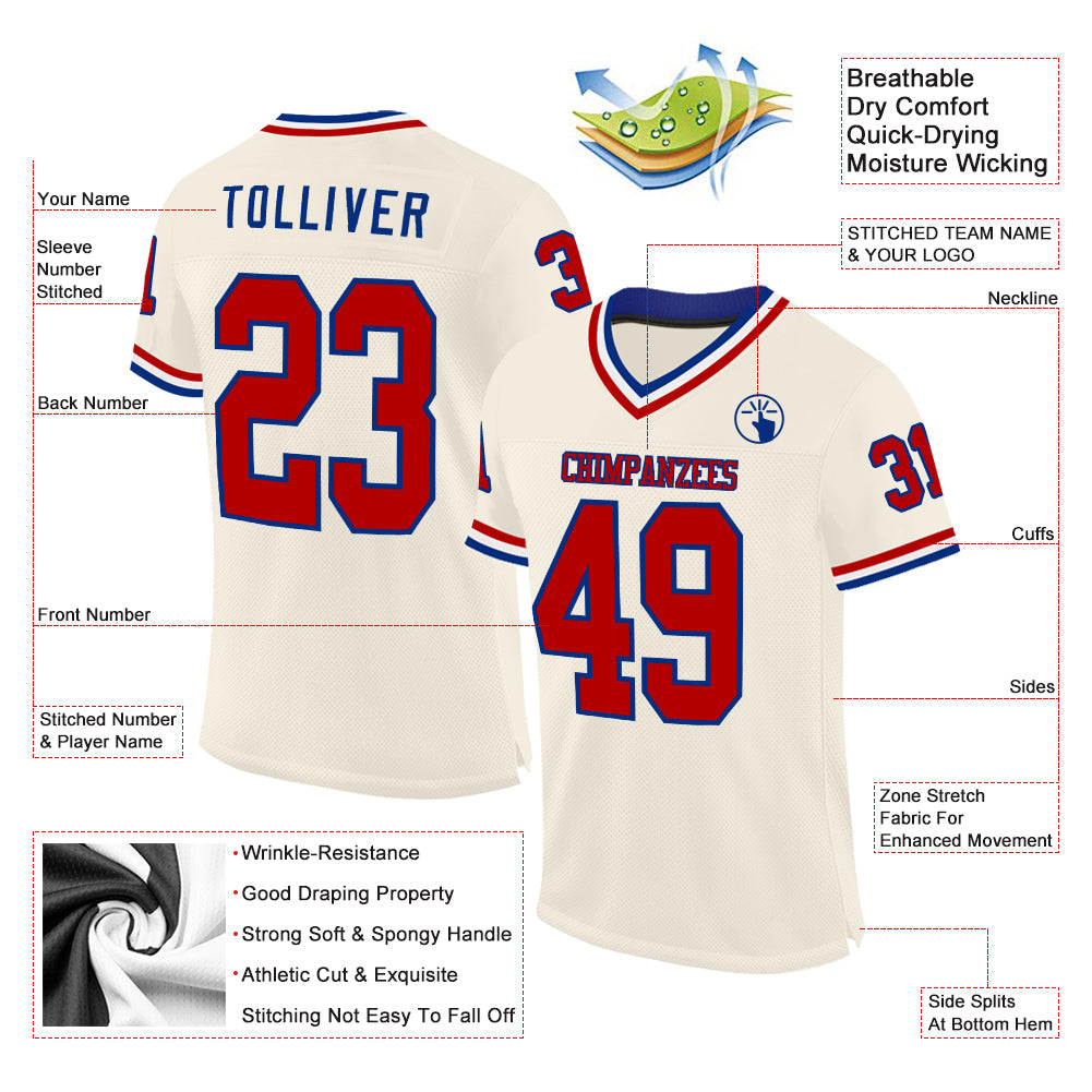 Custom Cream Red Royal-White Mesh Authentic Throwback Football Jersey view 2