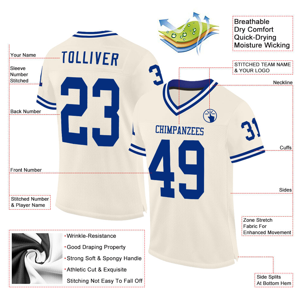 Custom Cream Royal-White Mesh Authentic Throwback Football Jersey view 2
